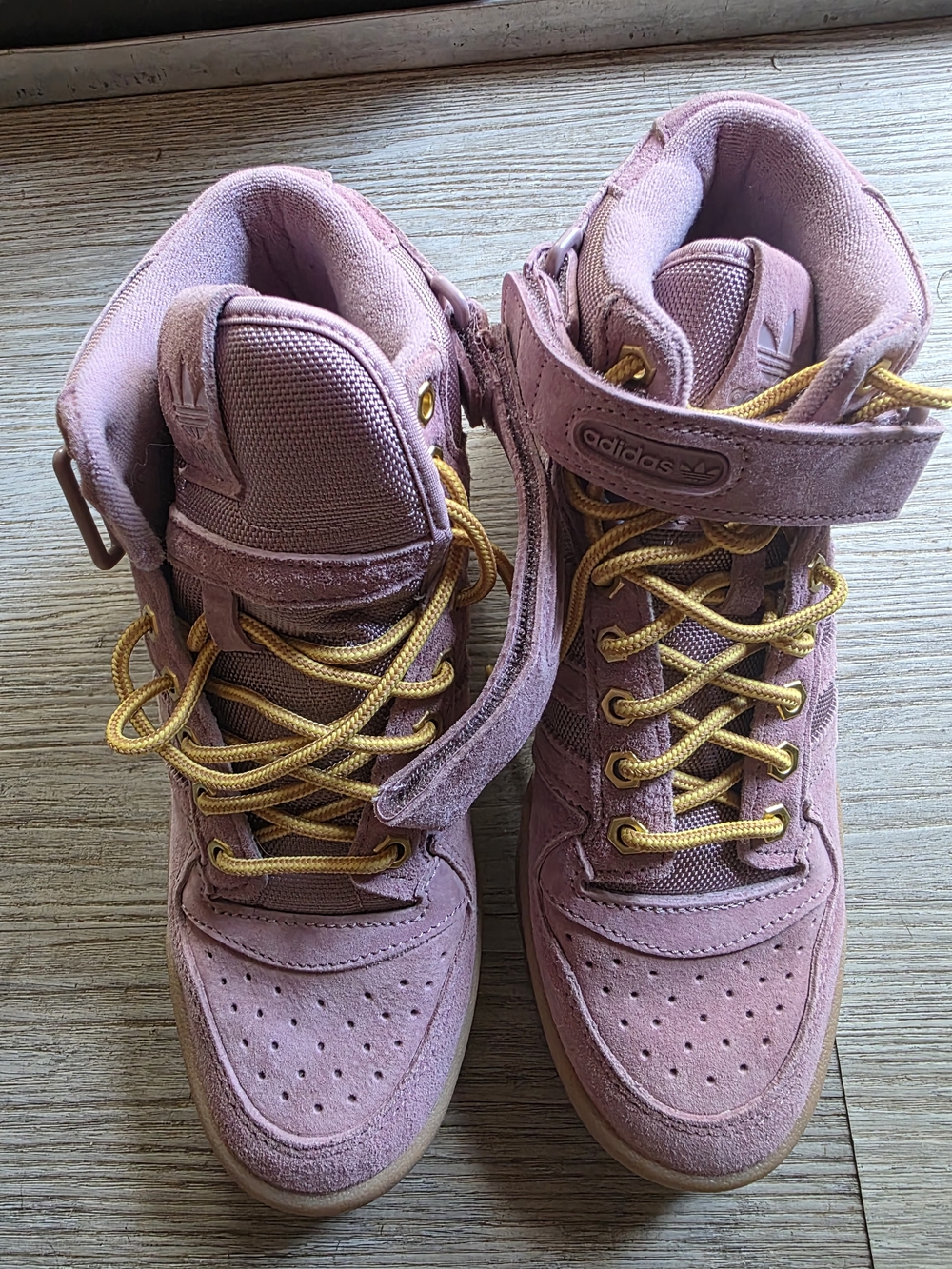 adidas Kids Pink High-Top Sneakers with Gold Laces